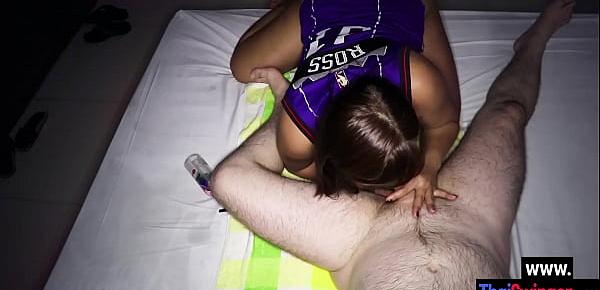  Sexy amateur Asian slut Beer sucking white dick after she massage guys body
